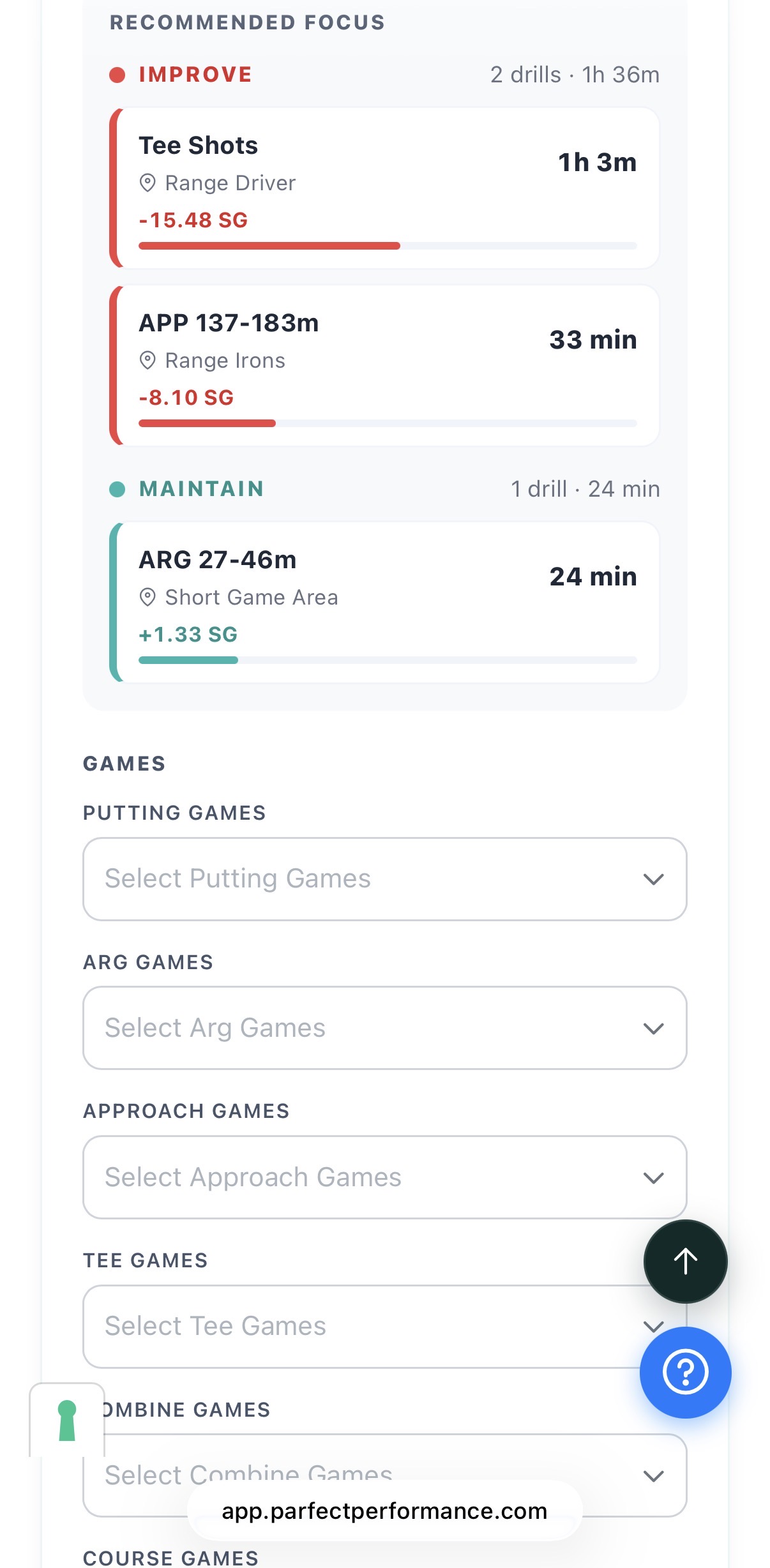 Practice Planner interface with duration controls and data filters