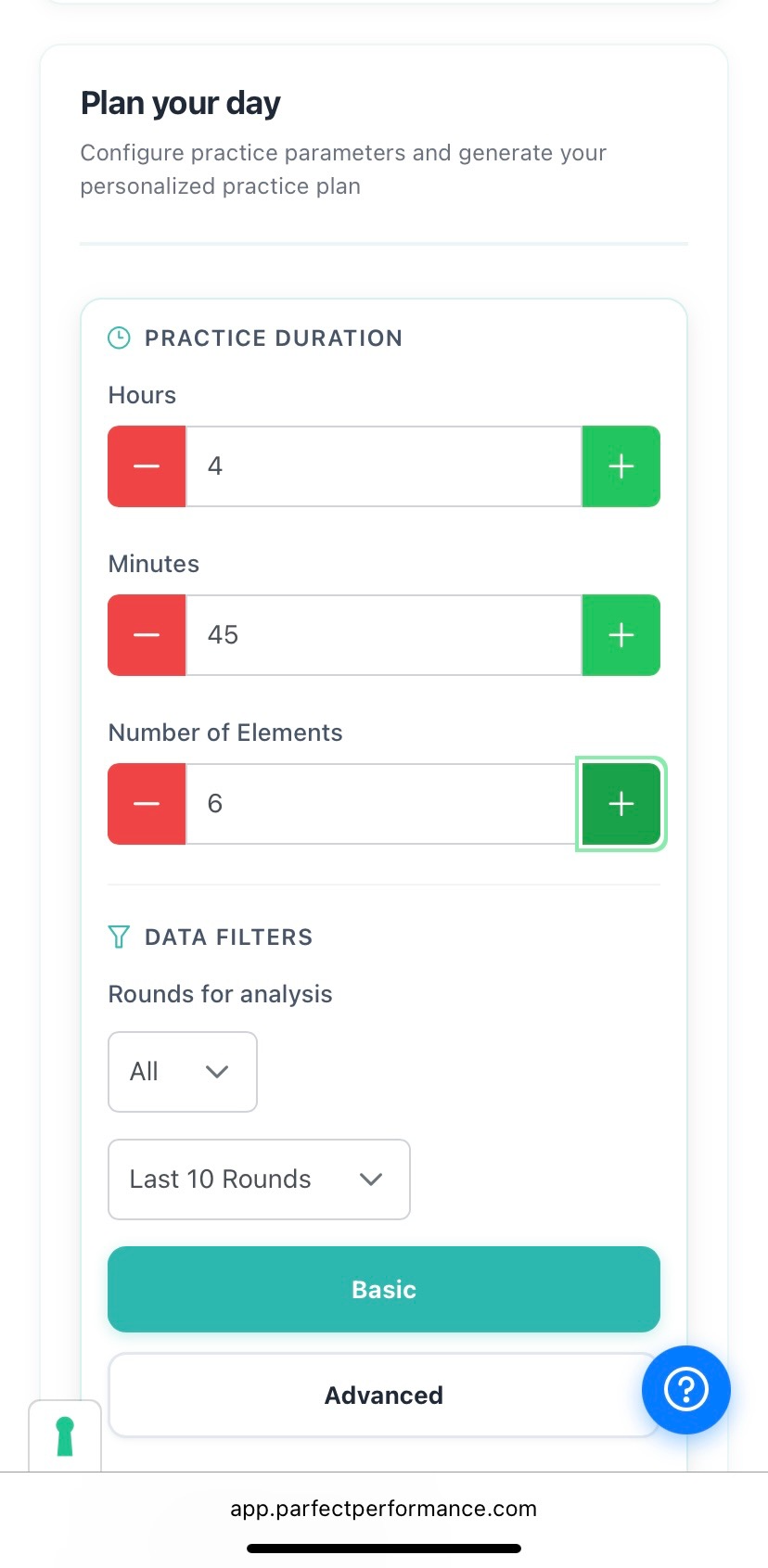 Plan your day practice planner interface with duration controls and data filters